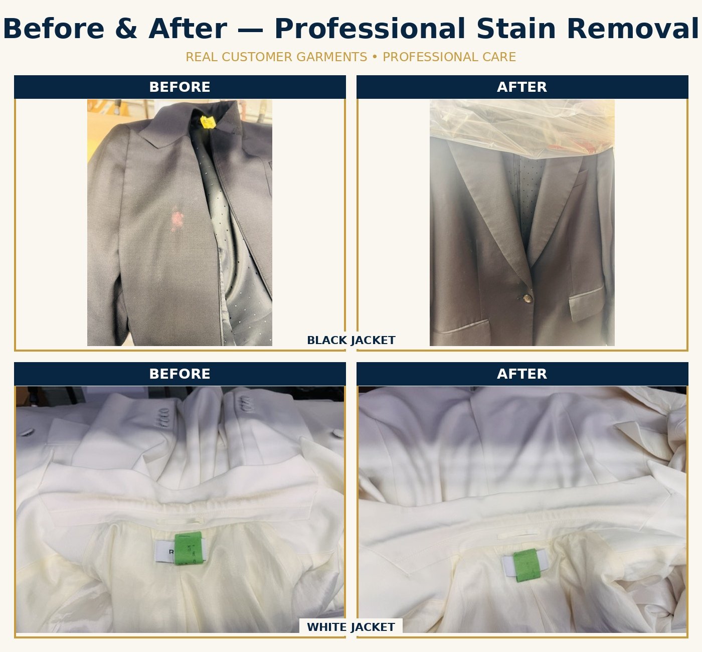 Before and after professional stain removal at Reigate Dry Cleaners